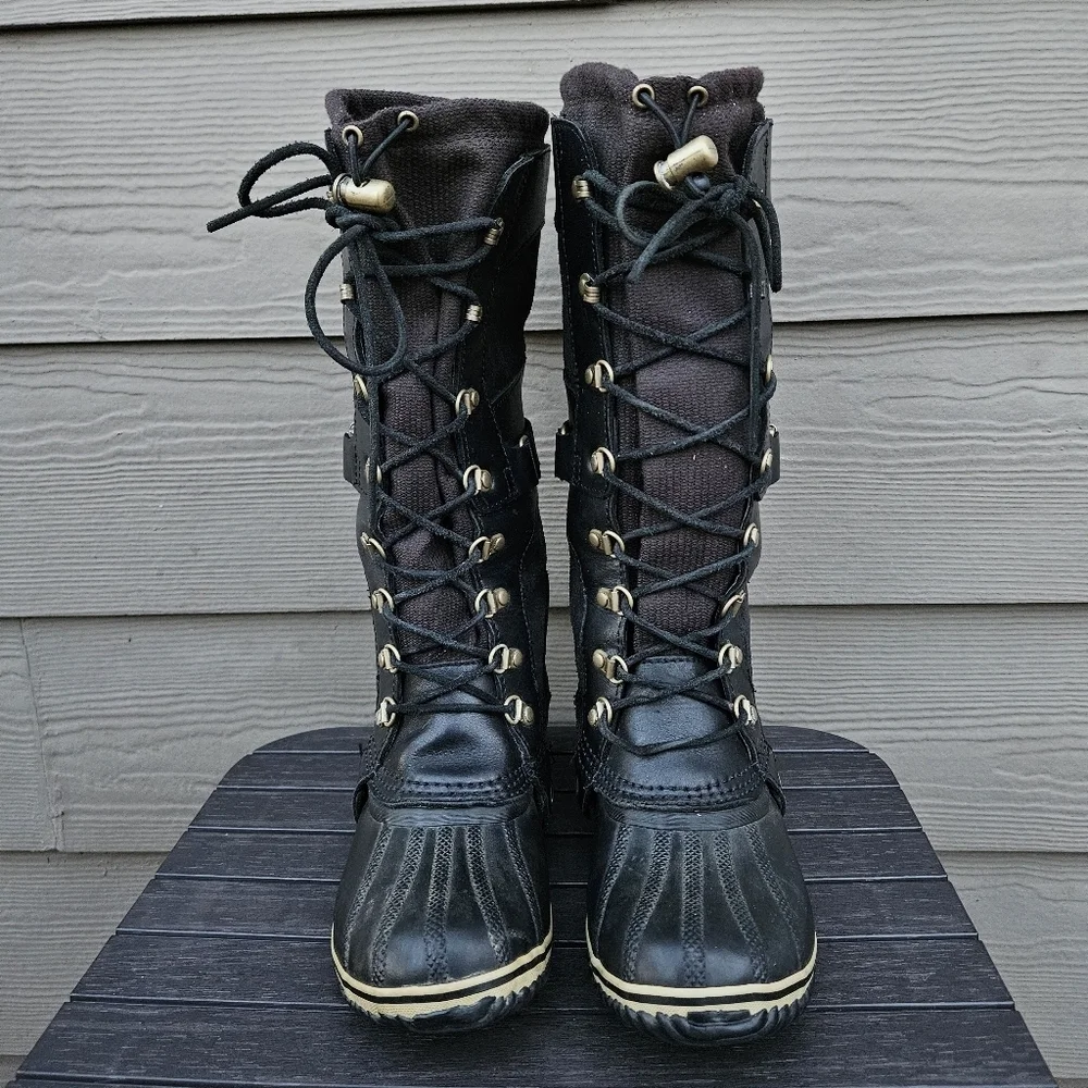 Sorel Black Leather Conquest Carly Boots Womens Size 8 Rubber Tall Waterproof